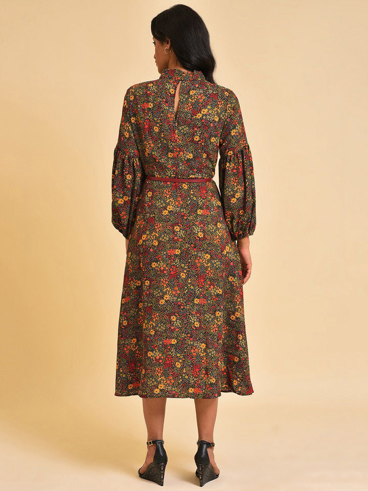 W Black Floral Printed Puff Sleeve A-Line Midi Dress