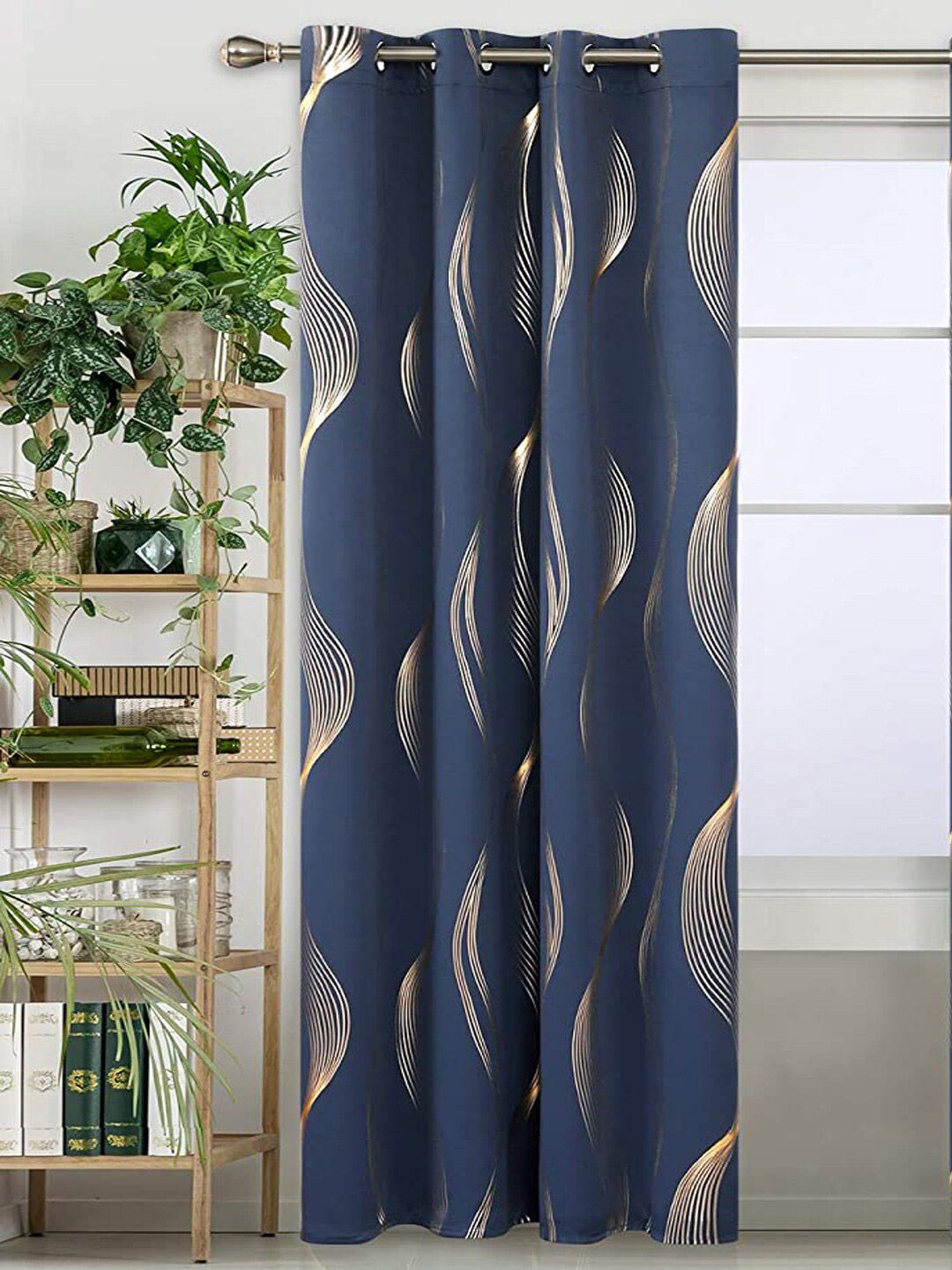 URBAN SPACE Gold Foil Navy Blue & Gold-Toned Printed Cotton Black Out Window Curtain