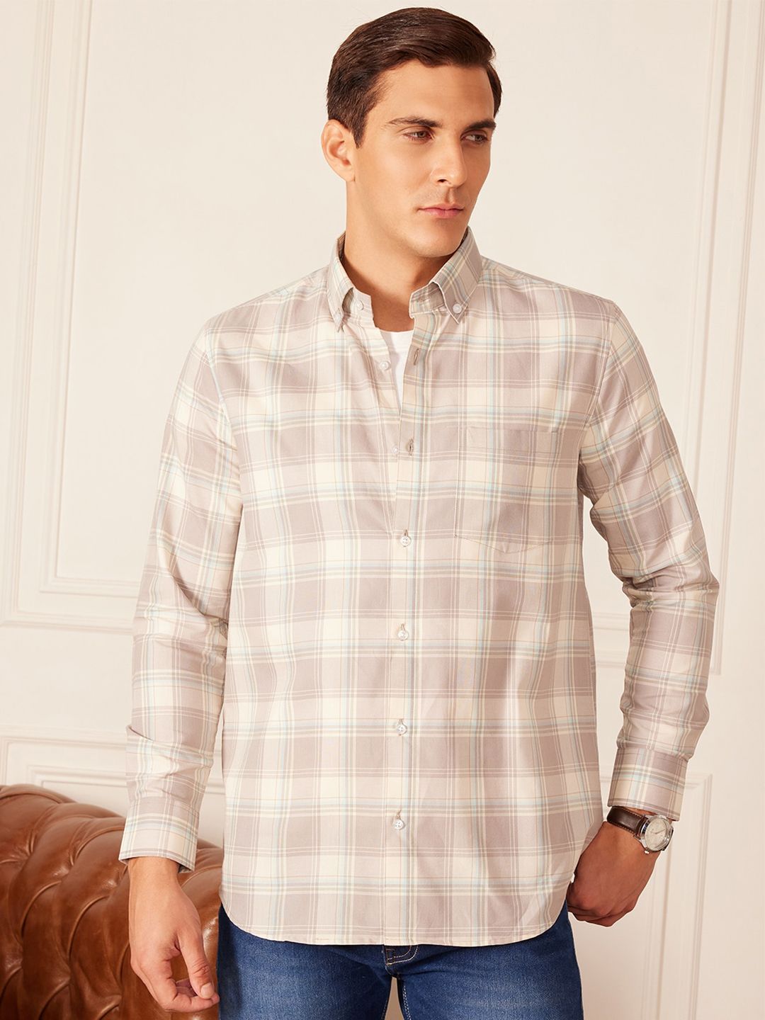 DENNISON Smart Tartan Checked Button-Down Collar Casual Shirt