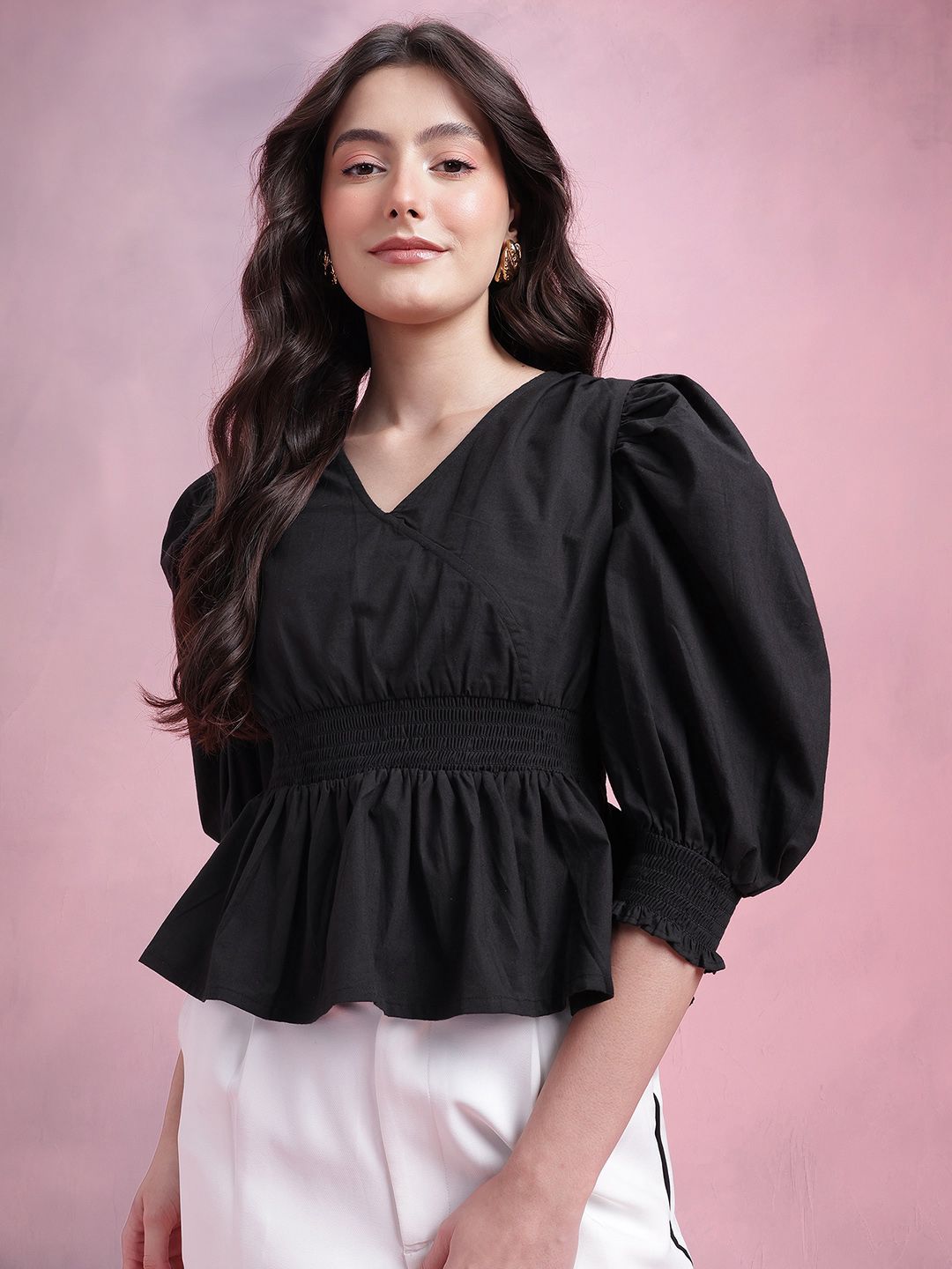 DressBerry Smocked Pure Cotton Peplum Top
