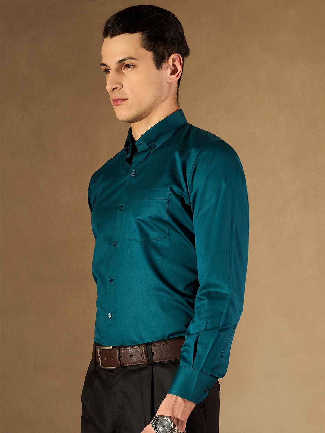 DENNISON Men Teal Green Smart Slim Fit Solid Formal Shirt