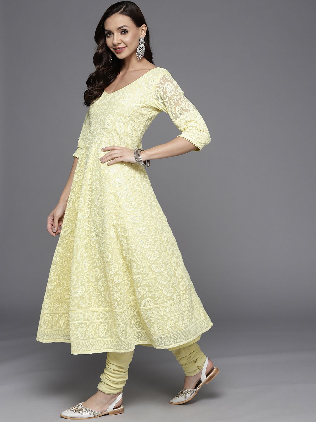 Libas Women Yellow Paisley Embroidered Thread Work Kurta with Churidar & With Dupatta