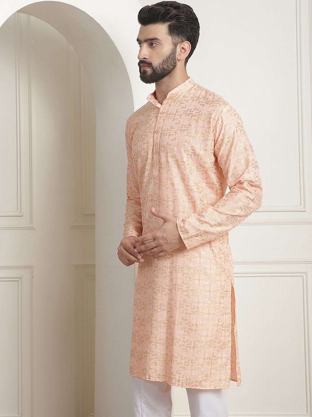 SOJANYA Motif Etnik Printed Mandarin Collar Lengan Panjang Kurta Lurus