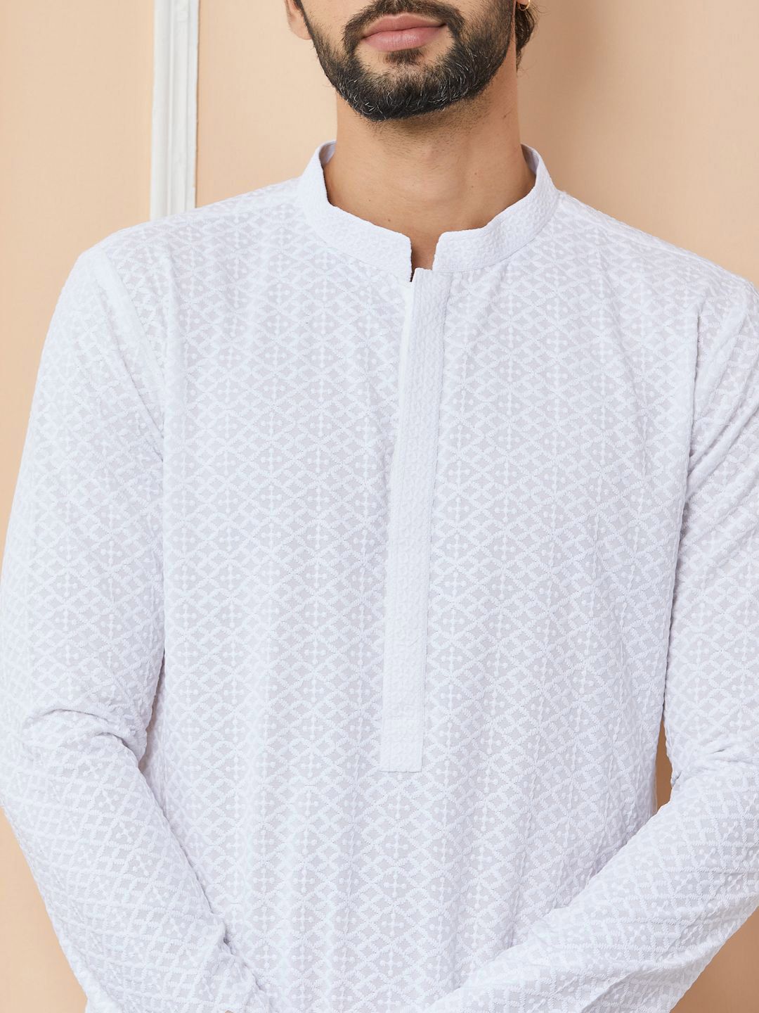 See Designs Floral Embroidered Mandarin Collar Pure Cotton Straight Kurta With Trousers