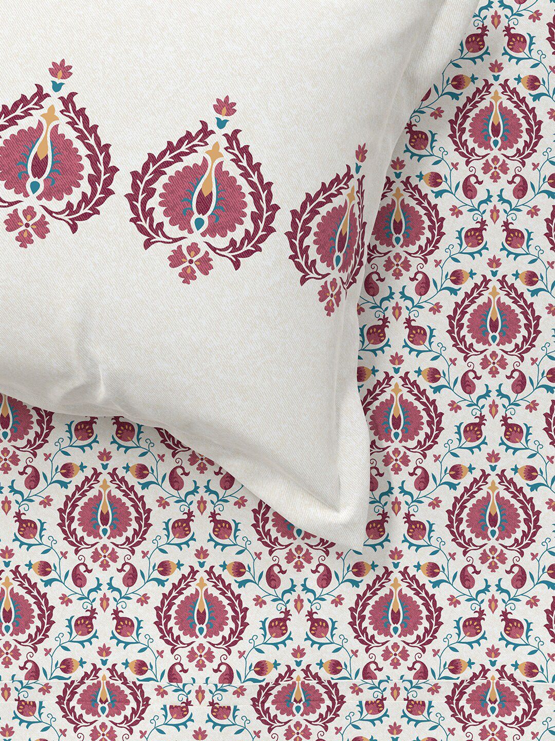 MYTRIDENT White  Red Ethnic Motifs 144 TC Cotton Queen Bedsheet With 2 Pillow Covers
