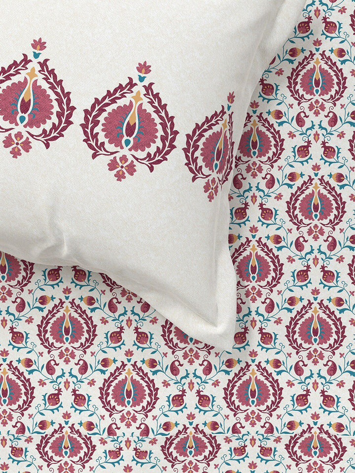 MYTRIDENT White  Red Ethnic Motifs 144 TC Cotton Queen Bedsheet With 2 Pillow Covers