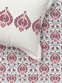 MYTRIDENT White  Red Ethnic Motifs 144 TC Cotton Queen Bedsheet With 2 Pillow Covers