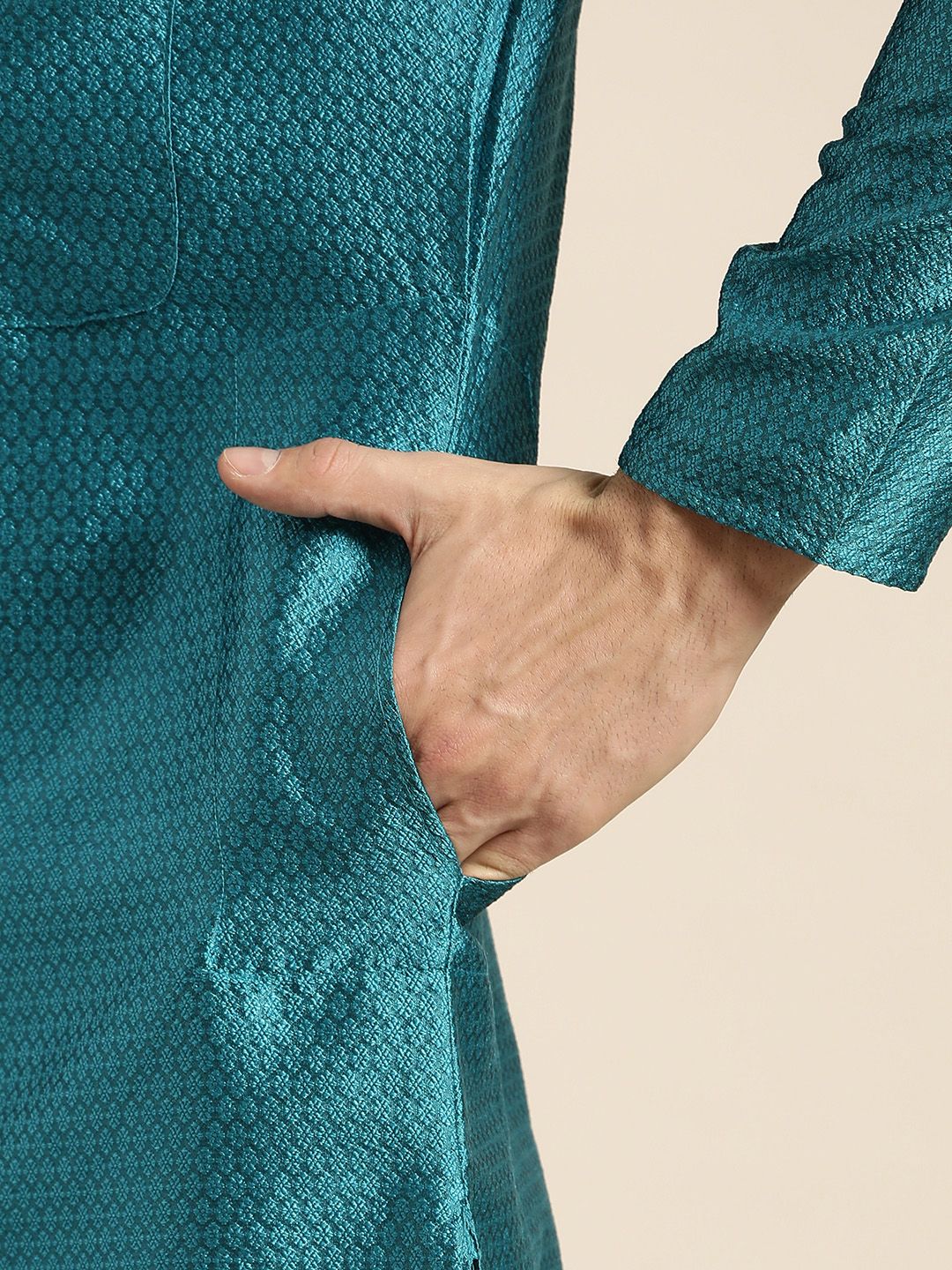 SOJANYA Lelaki Turquoise Blue Woven Design Kurta Lurus