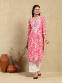 House of Chikankari Women Pink Mulmul Chikankari Embroidered Kurta