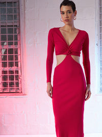 SASSAFRAS Pink V-Neck Long Sleeve Cut-Outs Bodycon Maxi Dress