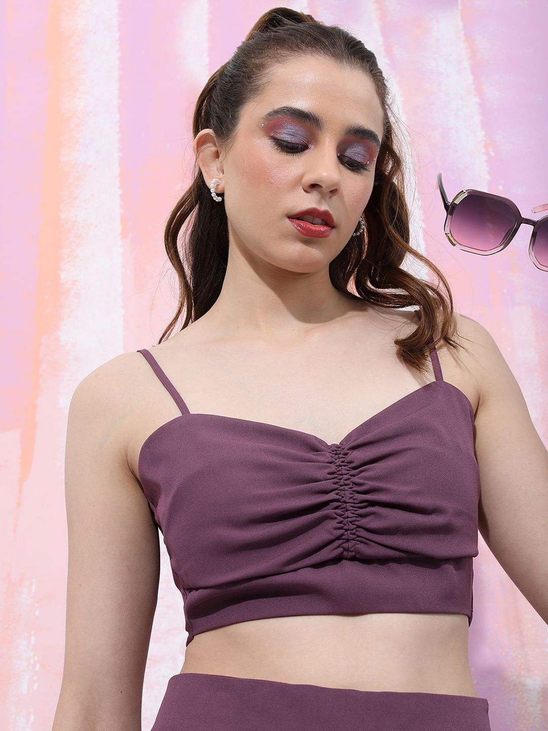 Tokyo Talkies Purple Shoulder Straps Neck Sleeveless Crop Top With Trousers