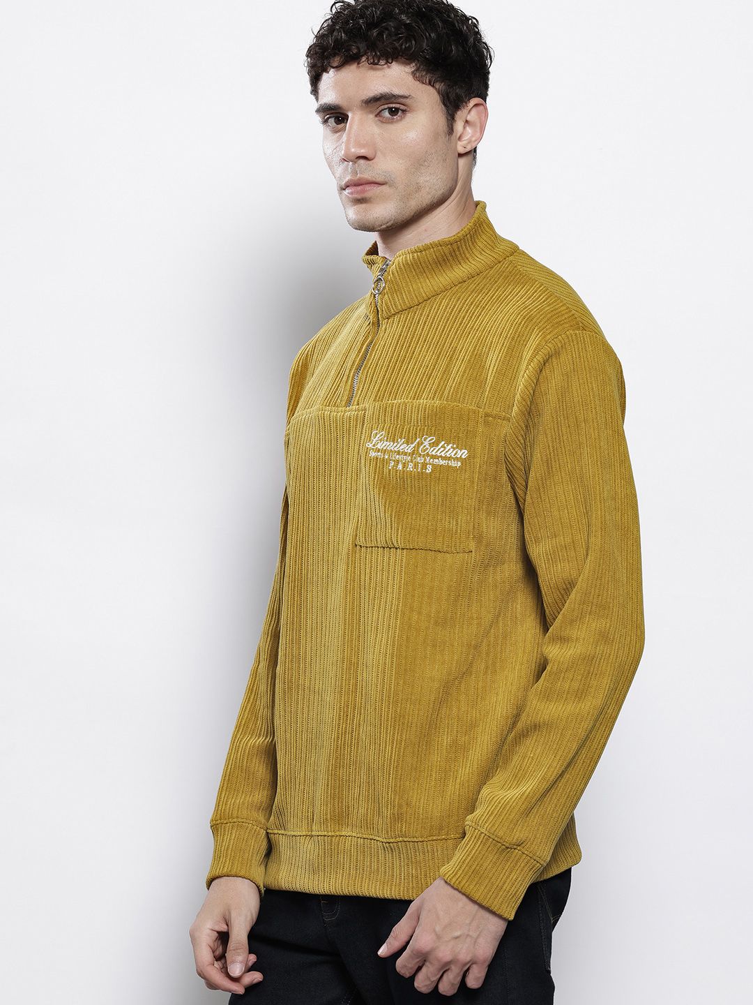 The Indian Garage Co Self Striped Typography Printed Relaxed Fit Corduroy Sweatshirt