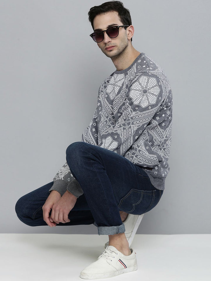 The Indian Garage Co Men Grey Melange Self-Design Printed Sweatshirt