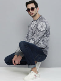 The Indian Garage Co Men Grey Melange Self-Design Printed Sweatshirt