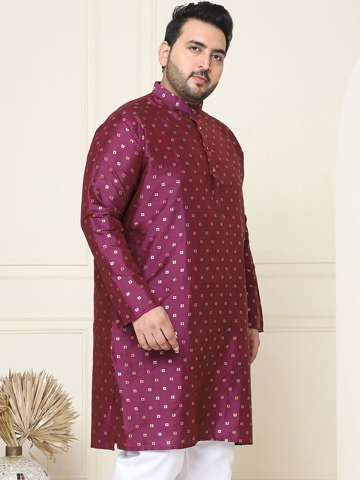 SOJANYA PLUS Men Plus Size Burgundy & Golden Geometric Jacquard Kurta