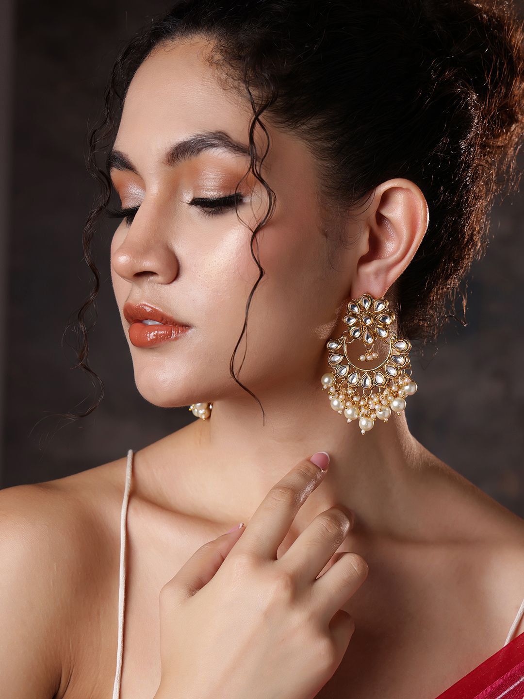 Anouk Gold-Plated Artificial Stones Studded Contemporary Drop Earrings