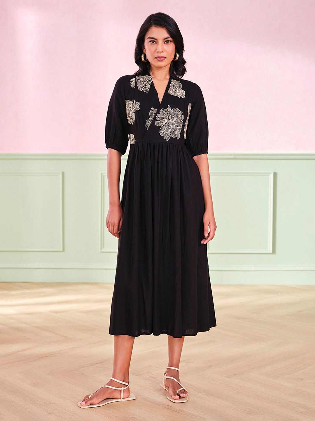 AND Women Floral Printed V-Neck A-Line Dress