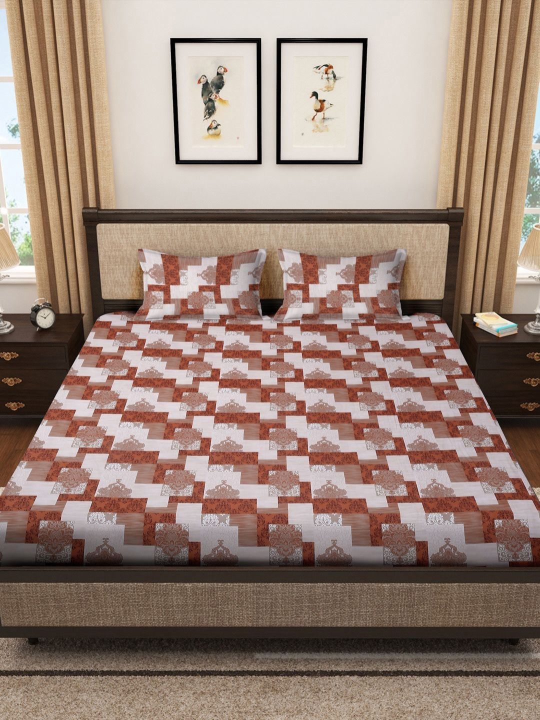 Myntra Elegant Homes Coklat Geometri Kapas 400 TC Dilengkapi Cadar King Superfine dengan 2 Sarung Bantal-106 x 106 inci