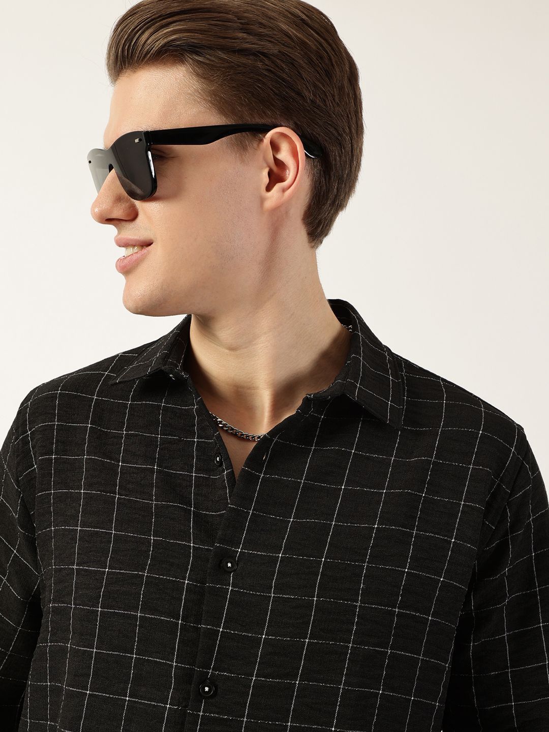 Thomas Scott Men Smart Spread Collar Windowpane Checked Slim Fit Casual Shirt