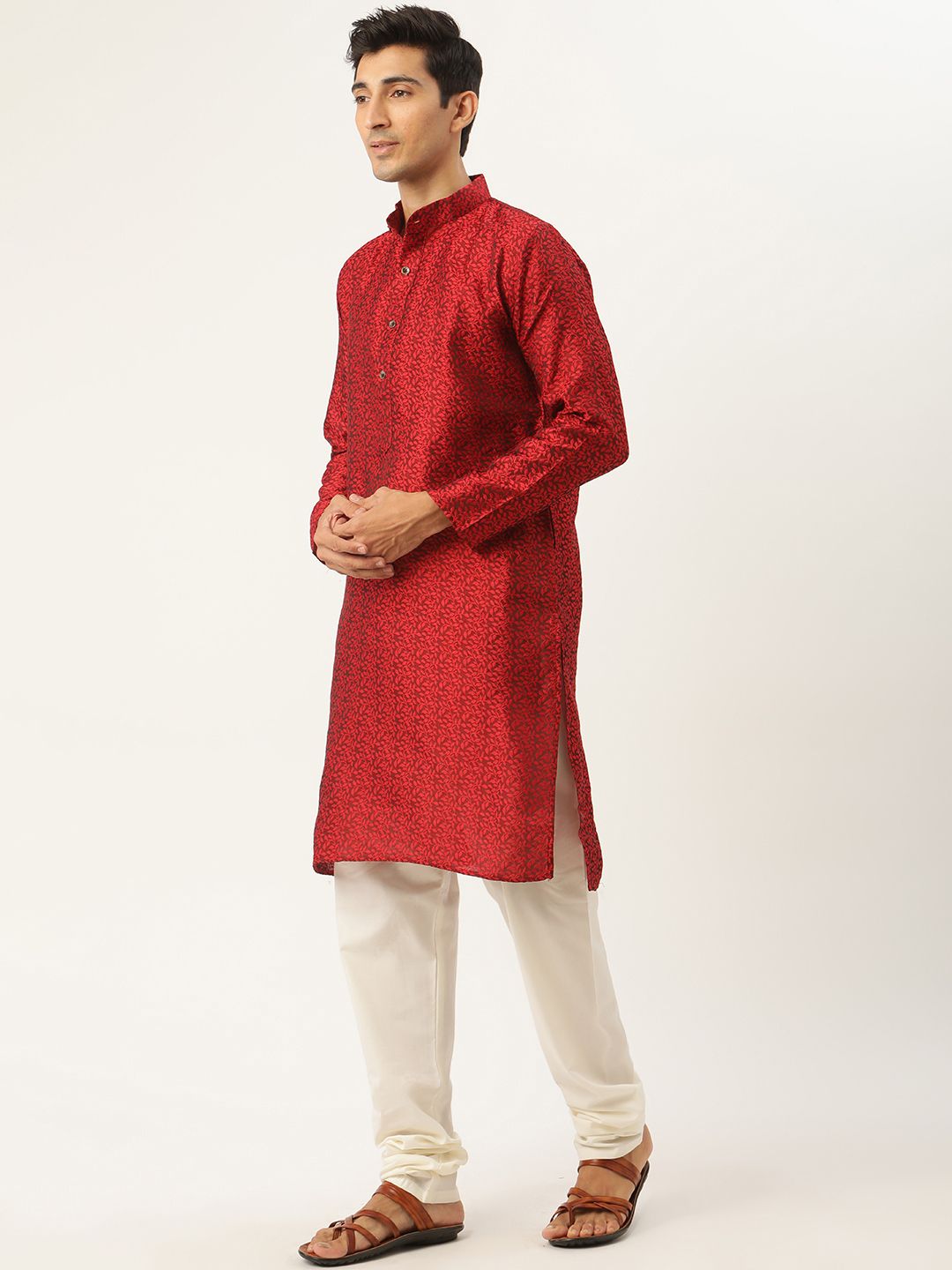 SOJANYA Men Maroon & Teal Blue Woven Design Kurta with Churidar & Nehru Jacket