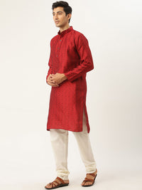 SOJANYA Men Maroon & Teal Blue Woven Design Kurta with Churidar & Nehru Jacket