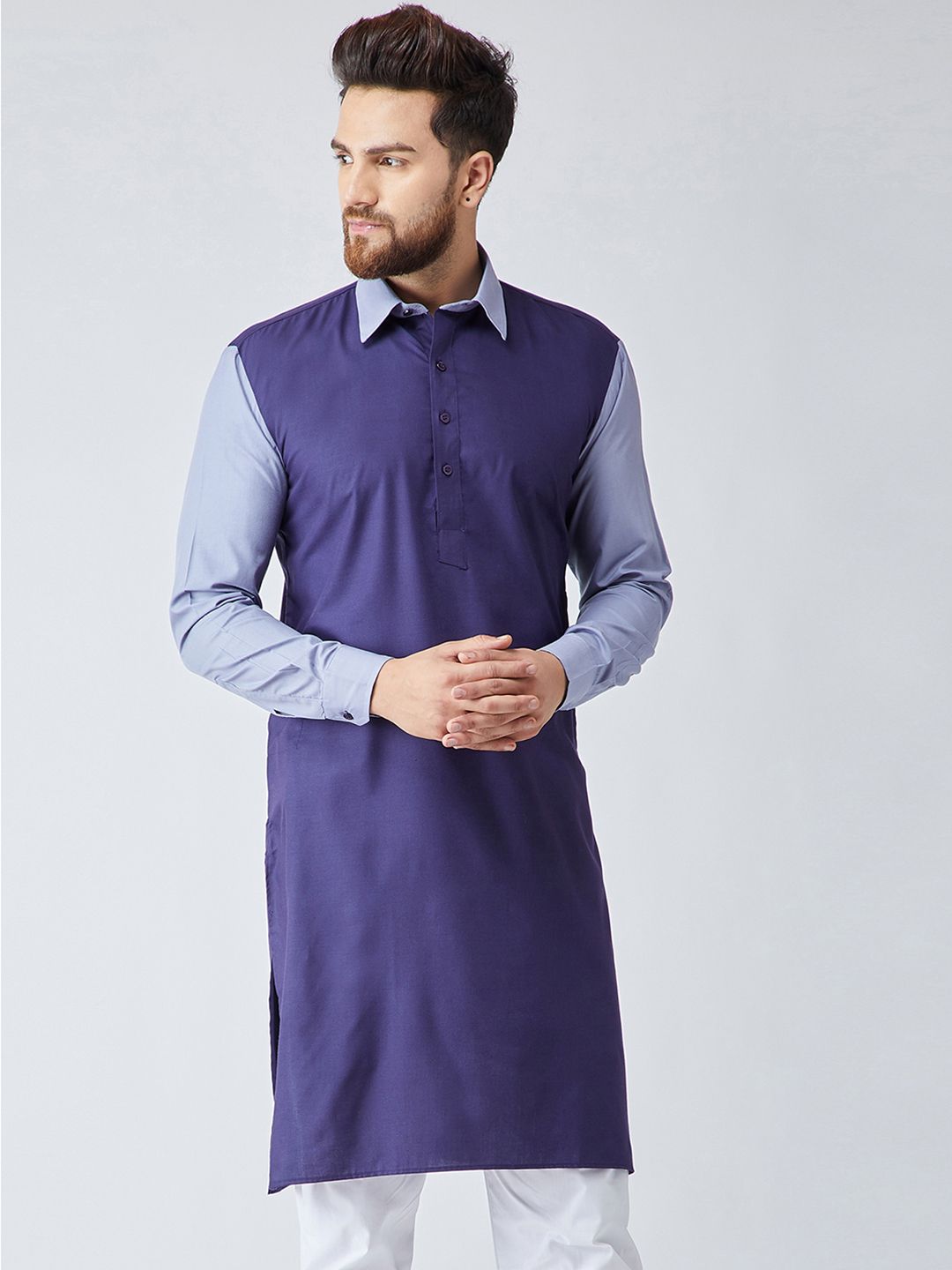 SOJANYA Men Navy Blue Solid Pathani Kurta