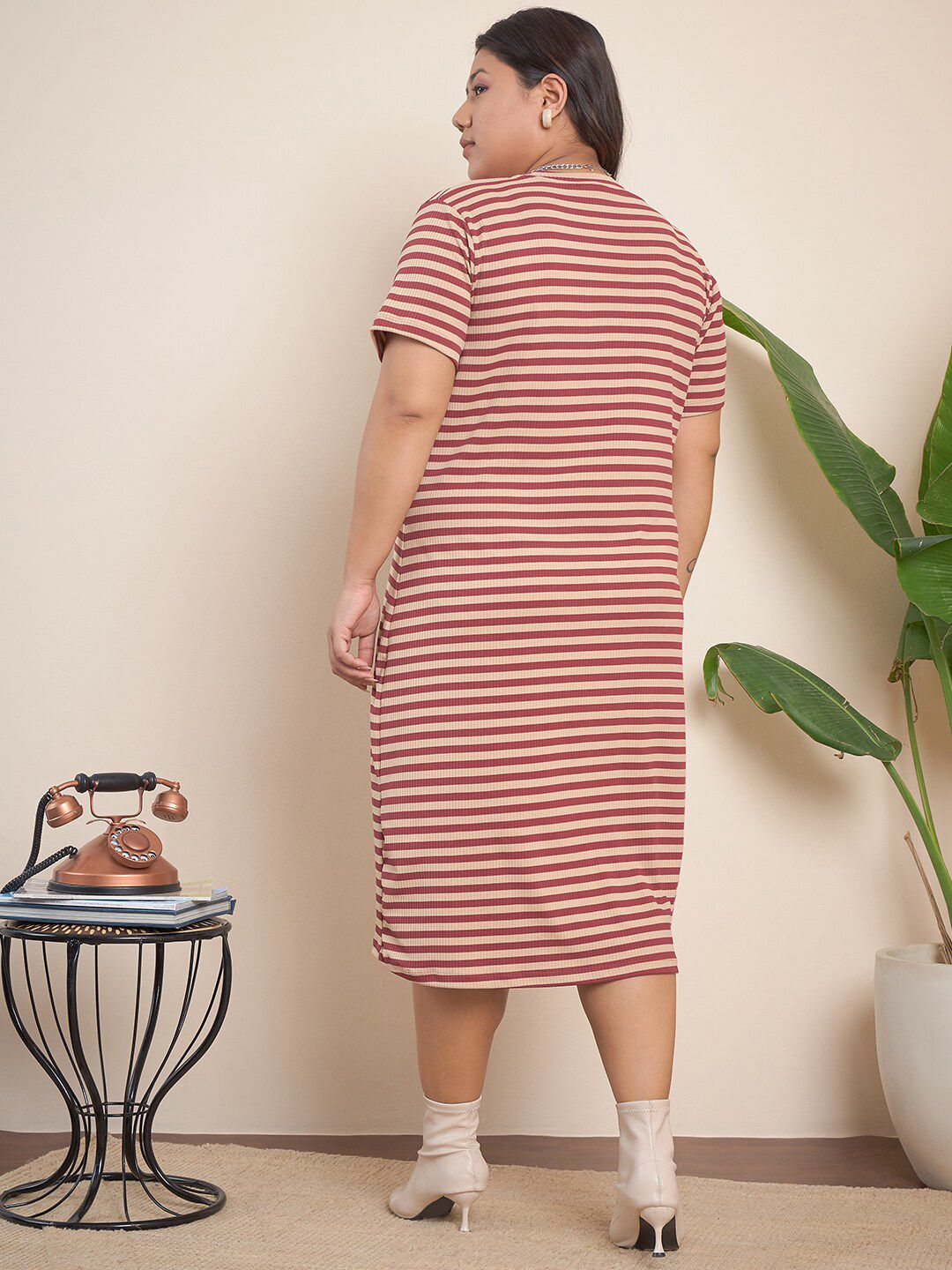 Curvy Street Brown Plus Size Striped Midi T-Shirt Dress