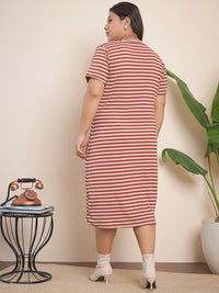 Curvy Street Brown Plus Size Striped Midi T-Shirt Dress