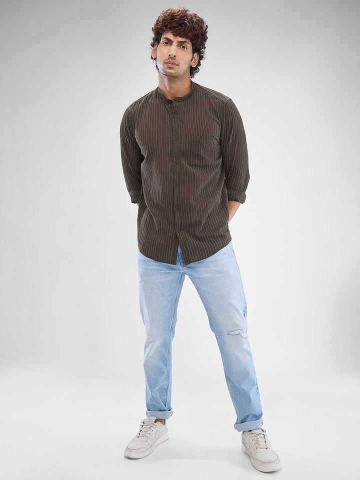 SPYKAR Men Slim Fit Opaque Striped Mandarin Collar Casual Shirt