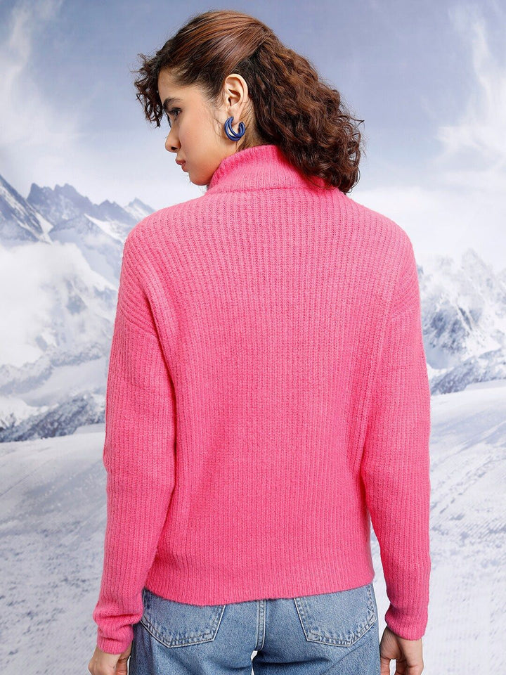 Tokyo Talkies Pink Cable Knit Self Design Turtle Neck Pullover Sweater