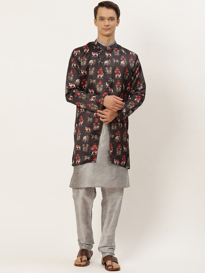 SOJANYA Men Grey Solid Kurta with Churidar & Ethnic Jacket