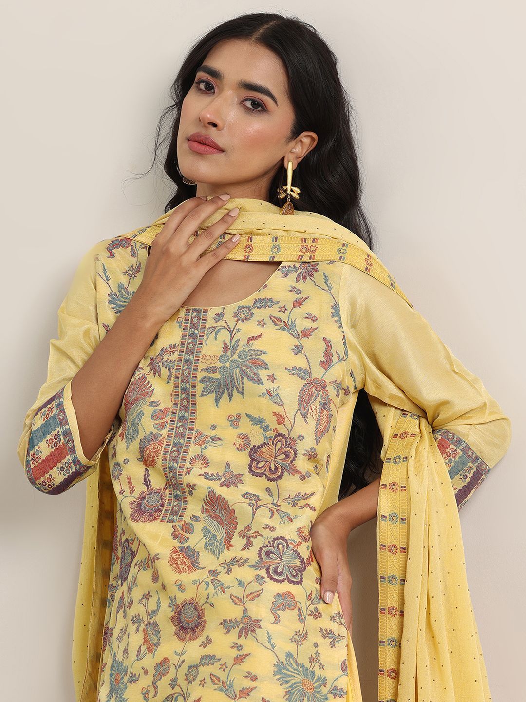 Libas Floral Woven Design Round Neck Regular Straight Kurta With Trousers & Dupatta