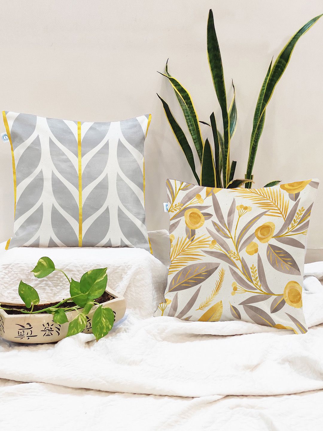 STITCHNEST Grey & White Set of 2 Floral Square Cushion Covers