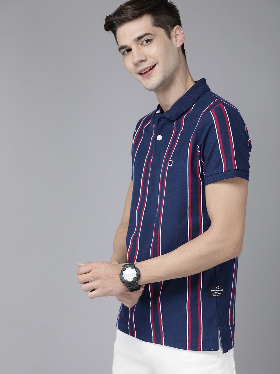 THE BEAR HOUSE Men Blue & Red Yarndyed Polo Collar Slim Fit T-shirt