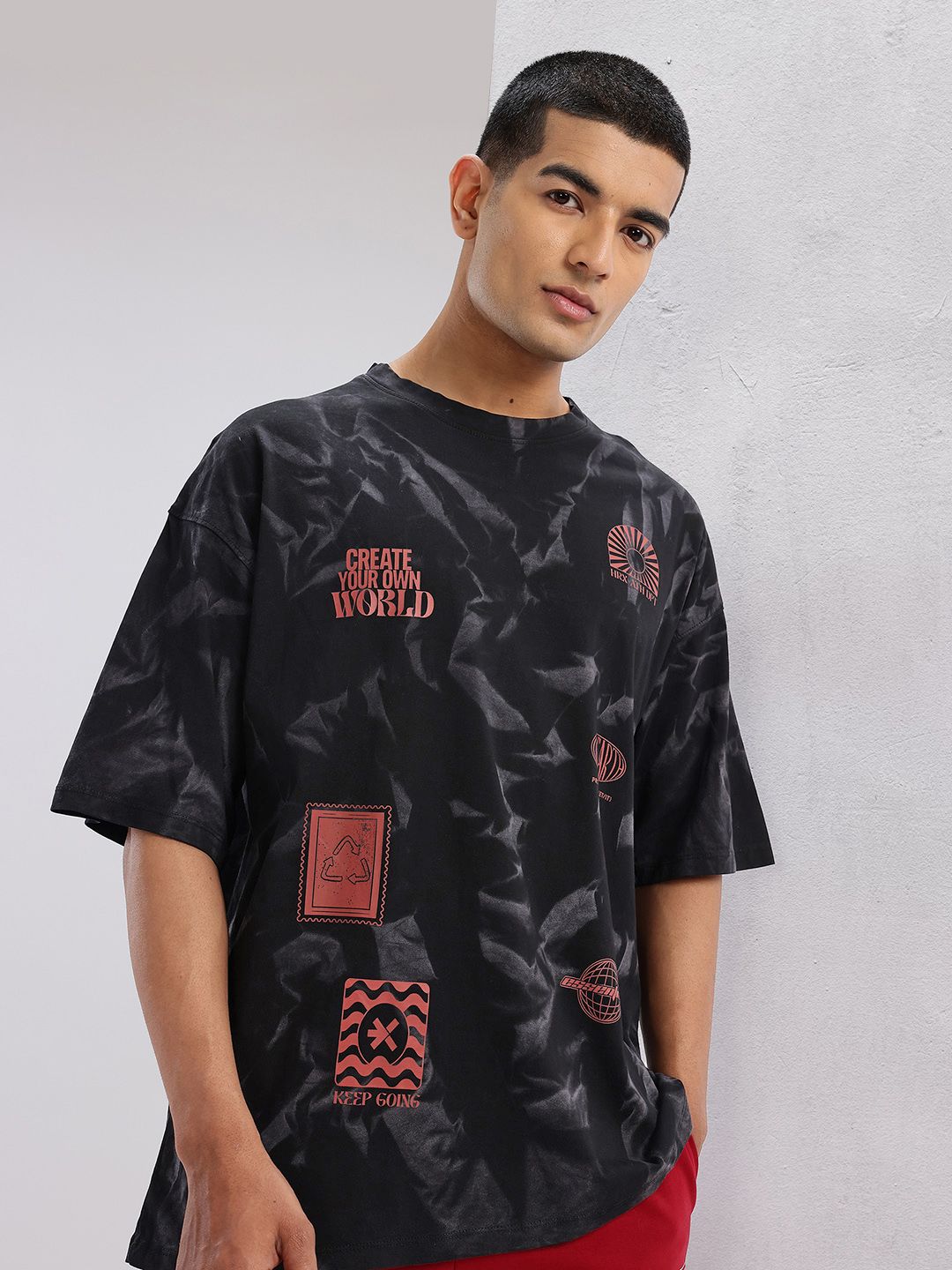 HRX by Hrithik Roshan Printed Drop-Sleeves Pure Cotton Oversized Lifestyle T-shirt