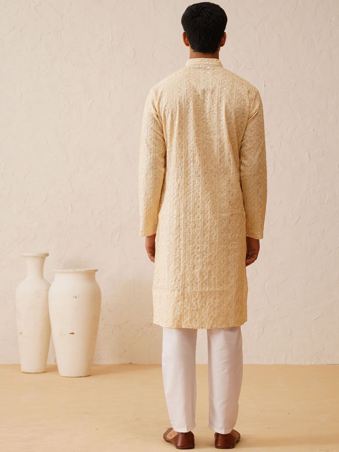 SOJANYA LUXE Motif Etnik Sulam Benang Kerja Cotton Sutera Kurta Lurus dengan Piyama