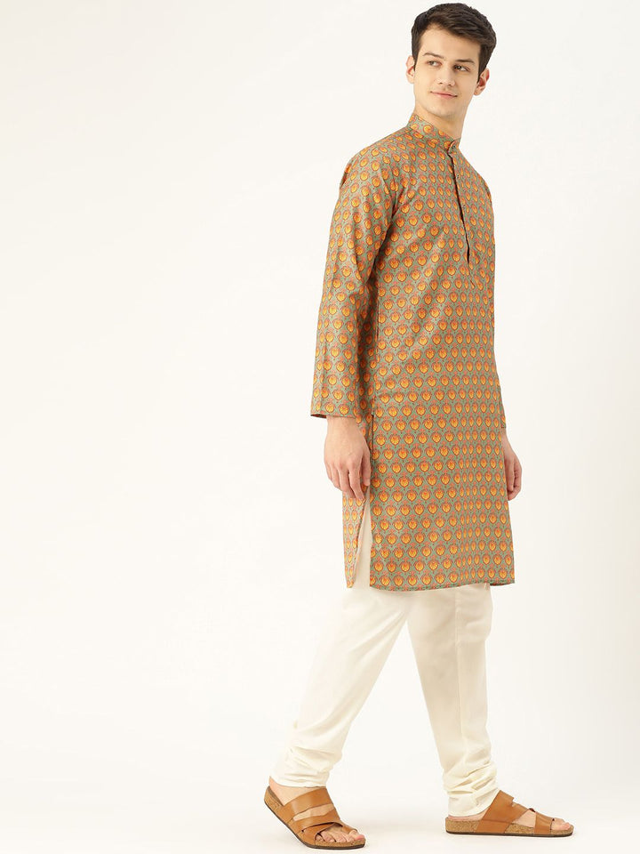 SOJANYA Men Green & Orange Ethnic Motif Print Straight Kurta