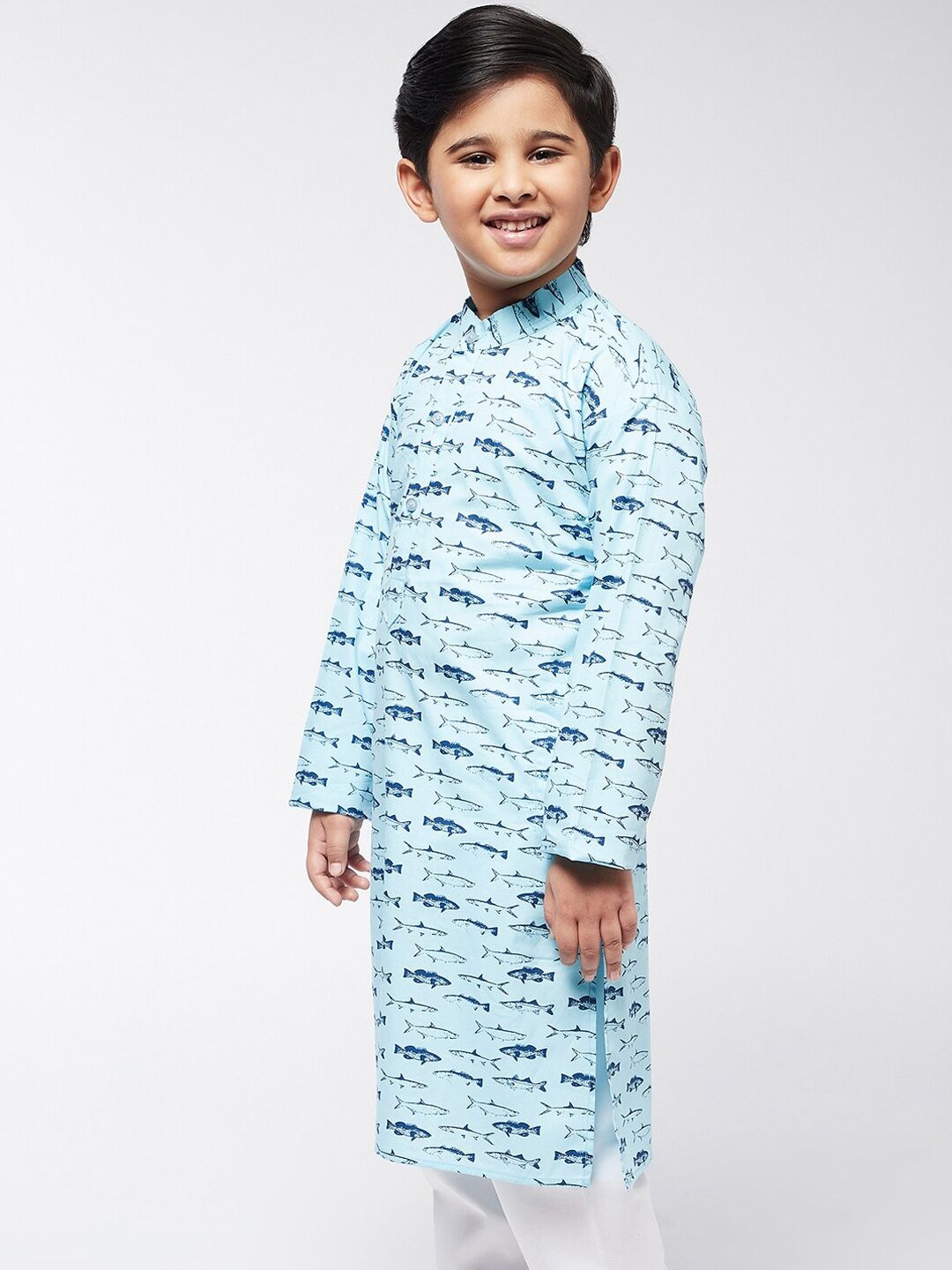 SOJANYA Boys Blue & Black Printed Mandarin Collar Straight Kurta