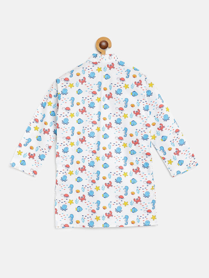 SOJANYA Boys White & Blue Cotton Quirky Printed Straight Kurta