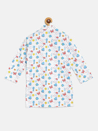 SOJANYA Boys White & Blue Cotton Quirky Printed Straight Kurta