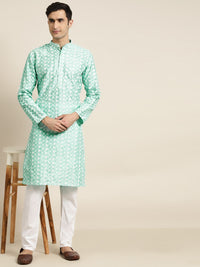 SOJANYA Men Blue & White Ethnic Motifs Embroidered Thread Work Kurta