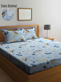 KLOTTHE Blue & Yellow Graphic 300 TC Fitted Double Bedsheet with 2 Pillow Covers