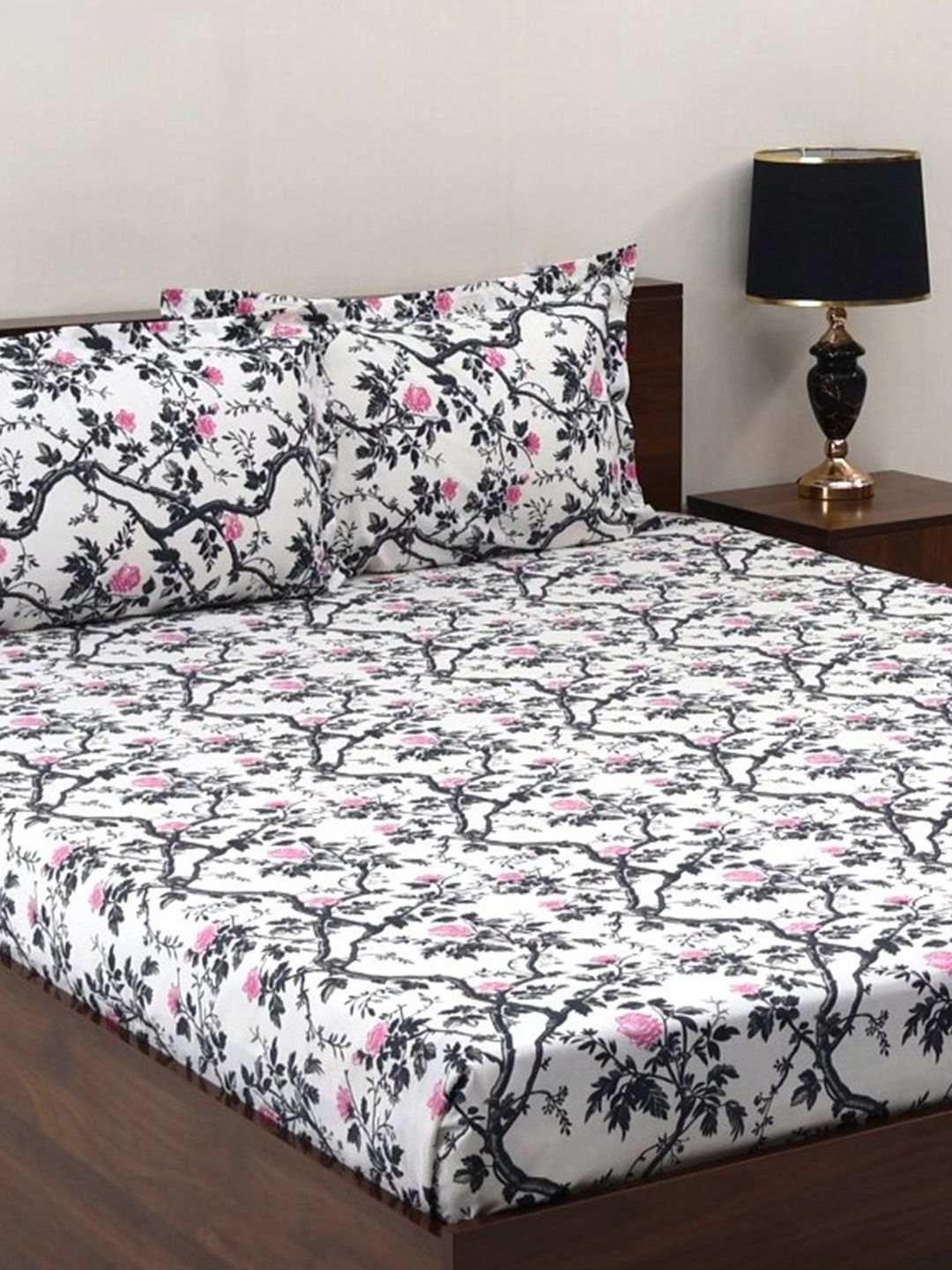BOMBAY DYEING Allure Grey Floral Cotton 144 TC Fitted Bedsheet Set-1.52 mX1.98 mX30 cm