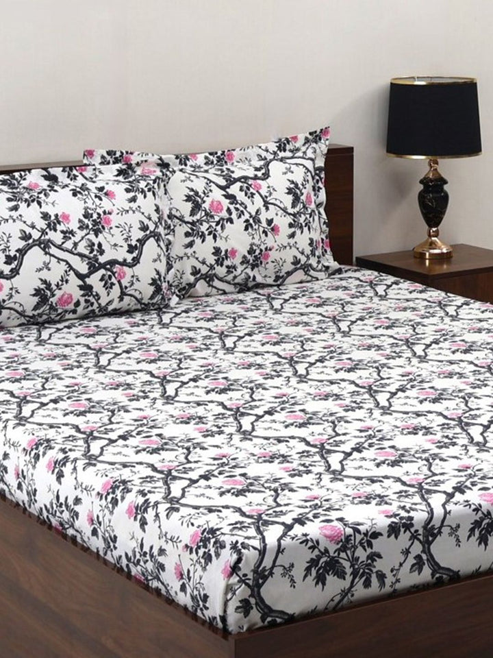 BOMBAY DYEING Allure Grey Floral Cotton 144 TC Fitted Bedsheet Set-1.52 mX1.98 mX30 cm