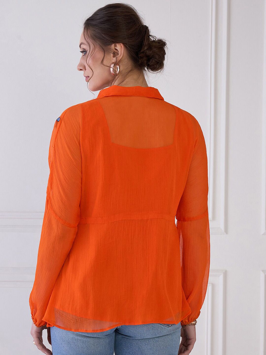 Antheaa Embroidered Floral Shirt Collar Extended Sleeves Semi Sheer Peplum Top