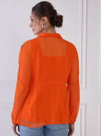 Antheaa Embroidered Floral Shirt Collar Extended Sleeves Semi Sheer Peplum Top