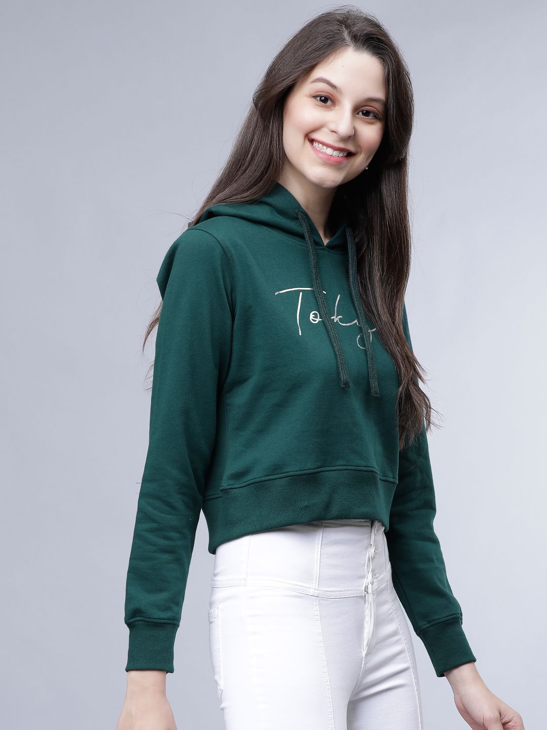 Tokyo Talkies Women Green Printed Hooded Sweatshirt