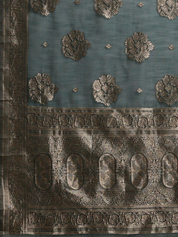 Saree mall Teal & Gold-Toned Ethnic Motifs Zari Silk Blend Banarasi Sarees