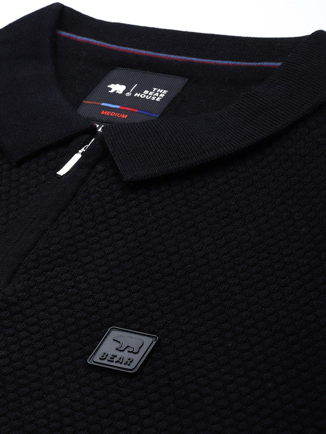 THE BEAR HOUSE Ardor Edition Men Black Self Design Cotton Polo Collar Slim Fit T-shirt