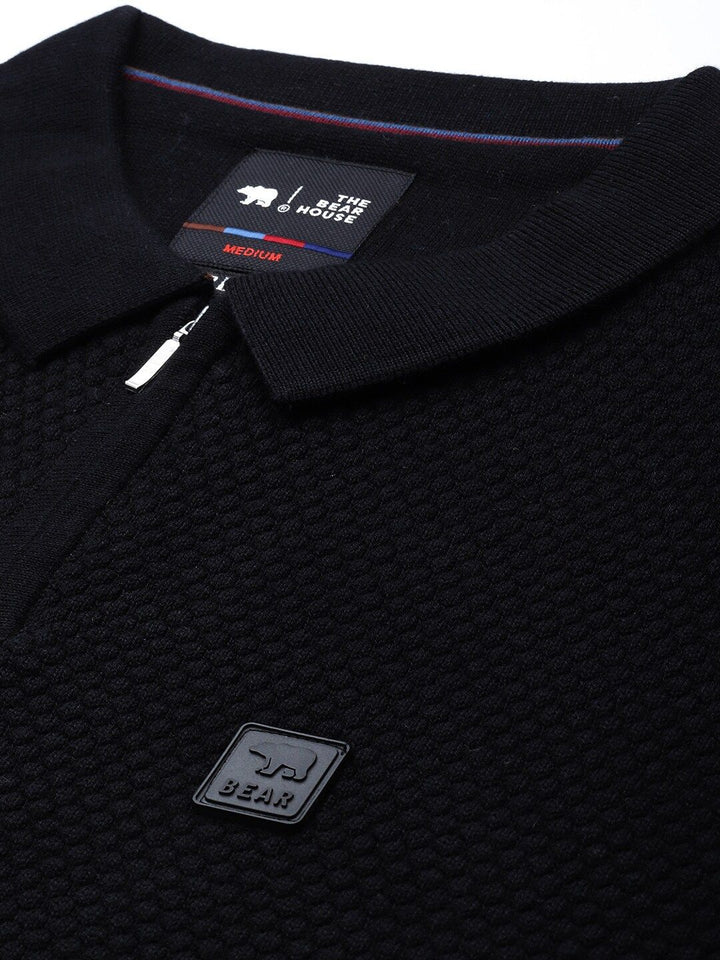 THE BEAR HOUSE Ardor Edition Men Black Self Design Cotton Polo Collar Slim Fit T-shirt